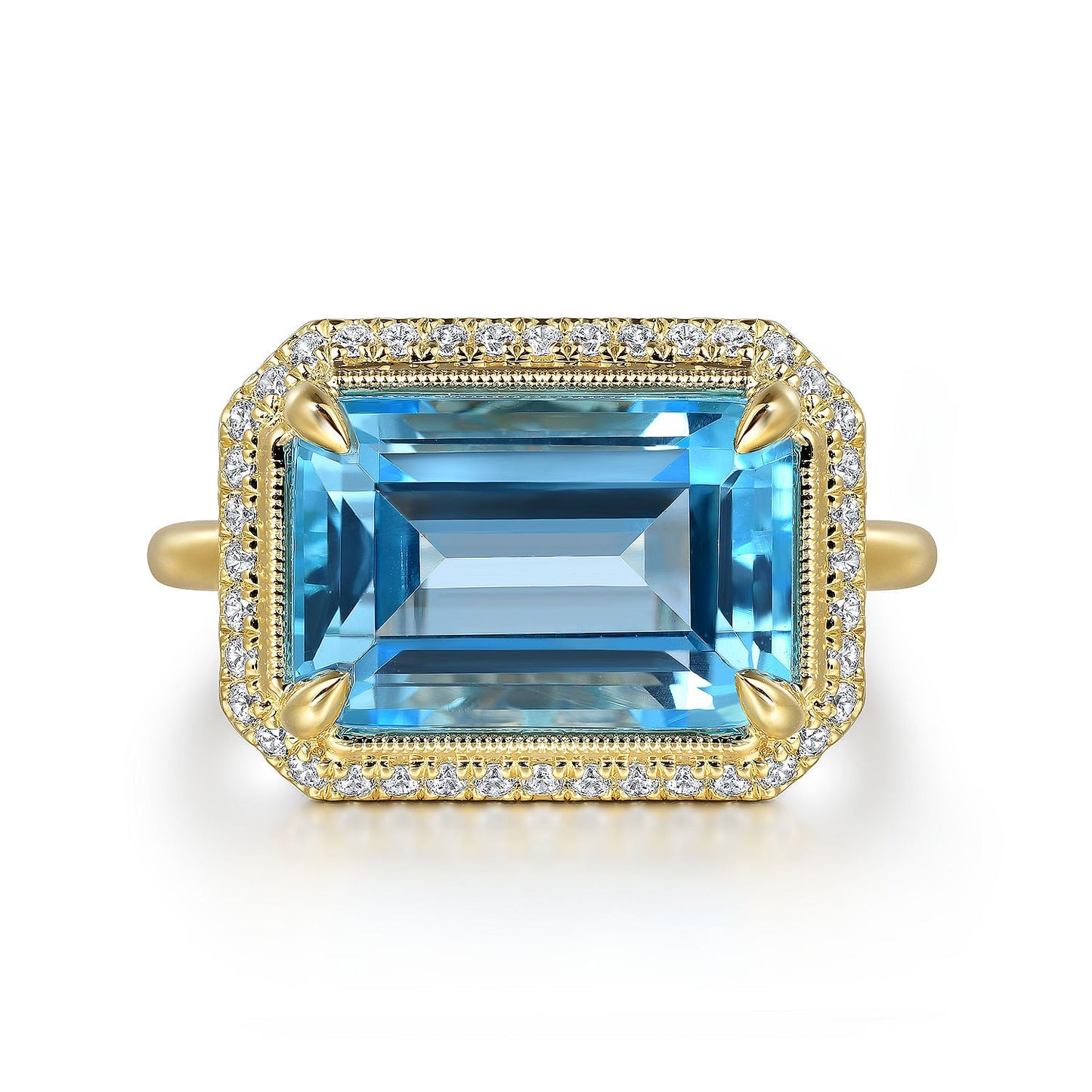 14K Yellow Gold Diamond and Blue Topaz Emerald Cut Ladies Ring With Flower Pattern Gallery