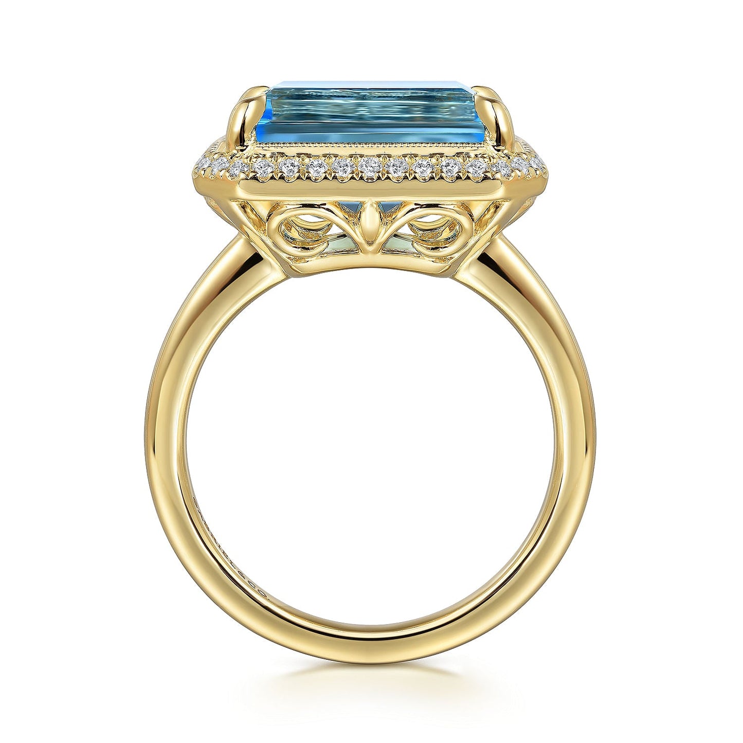 14K Yellow Gold Diamond and Blue Topaz Emerald Cut Ladies Ring With Flower Pattern Gallery