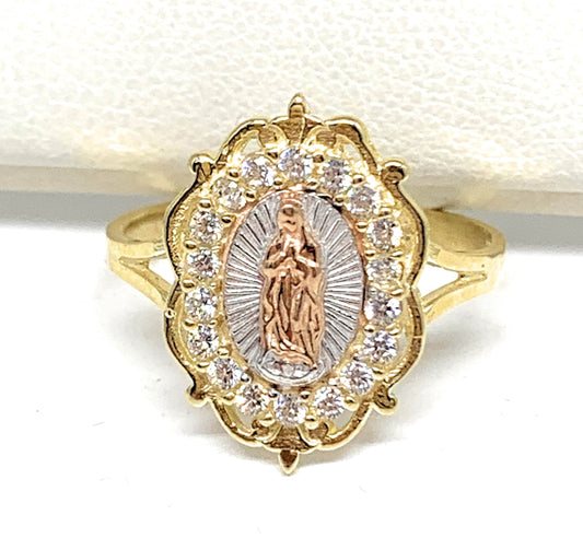 10k Solid Gold Yellow Tri-Color Virrgin Mary CZ Elegant Ring